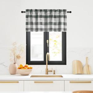 imageNICETOWN Sheer Linen Kitchen Curtains 24 Inch Length Sage Green Striped Print Curtains for Living Room Bedroom Farmhouse Bathroom Decor with Rod Pocket for Window 3024 2 PanelsBlack  White