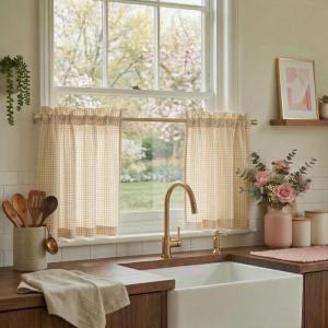 imageNICETOWN Sheer Linen Kitchen Curtains 24 Inch Length Sage Green Striped Print Curtains for Living Room Bedroom Farmhouse Bathroom Decor with Rod Pocket for Window 3024 2 PanelsYellow