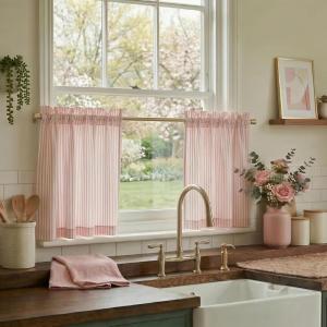imageNICETOWN Sheer Linen Kitchen Curtains 24 Inch Length Sage Green Striped Print Curtains for Living Room Bedroom Farmhouse Bathroom Decor with Rod Pocket for Window 3024 2 PanelsLight Pink