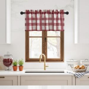 imageNICETOWN Sheer Linen Kitchen Curtains 24 Inch Length Sage Green Striped Print Curtains for Living Room Bedroom Farmhouse Bathroom Decor with Rod Pocket for Window 3024 2 PanelsRed  White