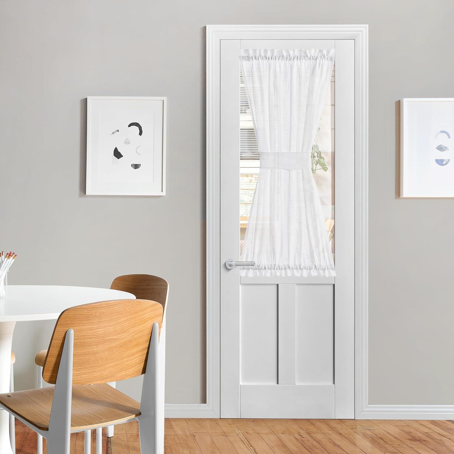 imageNICETOWN Linen Door Curtains 64 inch Length 1 Panel Farmhouse Kitchen Curtain Light Filtering Sidelight Door Covering Tie Up Shade for Living Room Narrow Window 1 Panel 26 inch Wide NaturalWhite