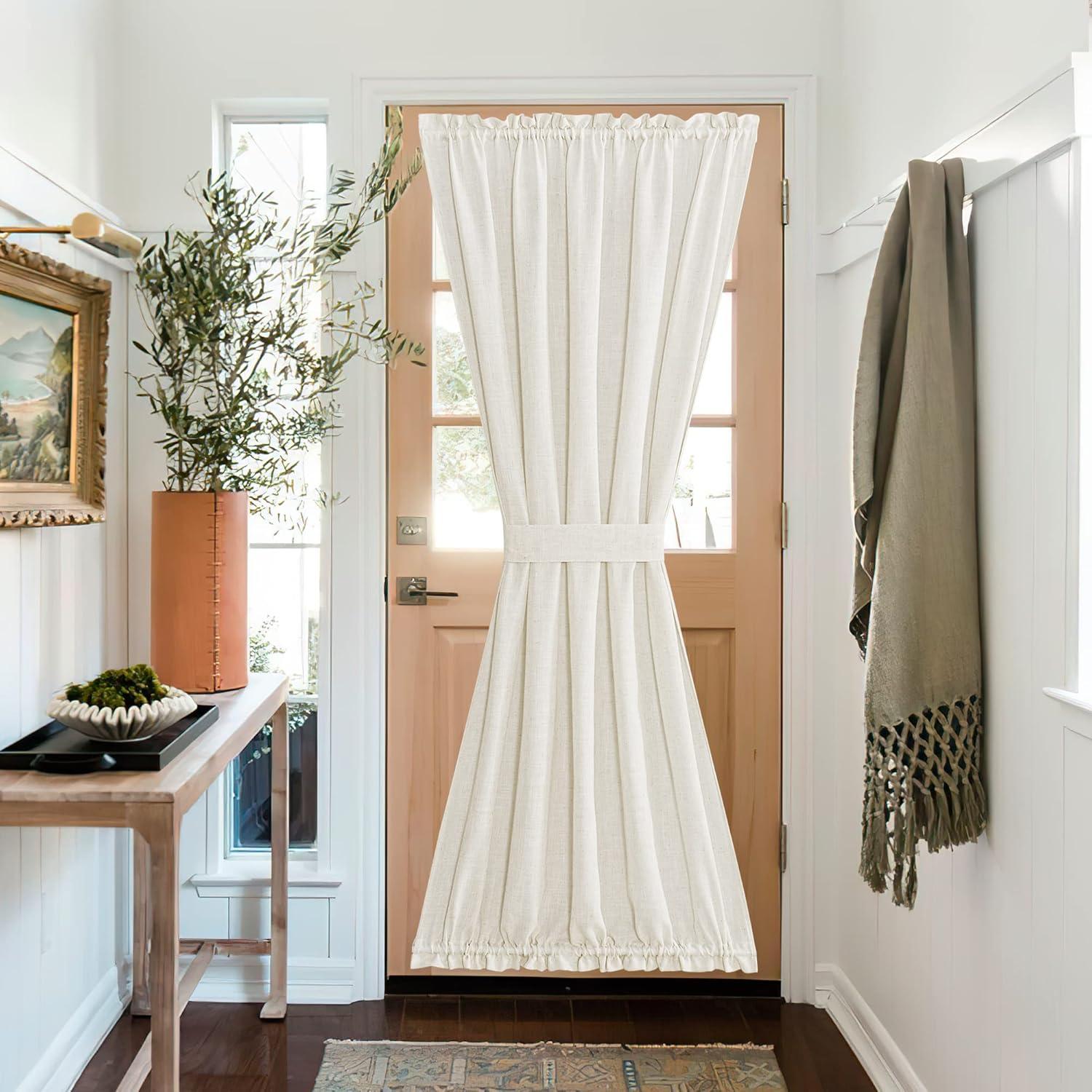 imageNICETOWN Linen Door Curtains 64 inch Length 1 Panel Farmhouse Kitchen Curtain Light Filtering Sidelight Door Covering Tie Up Shade for Living Room Narrow Window 1 Panel 26 inch Wide NaturalLinen