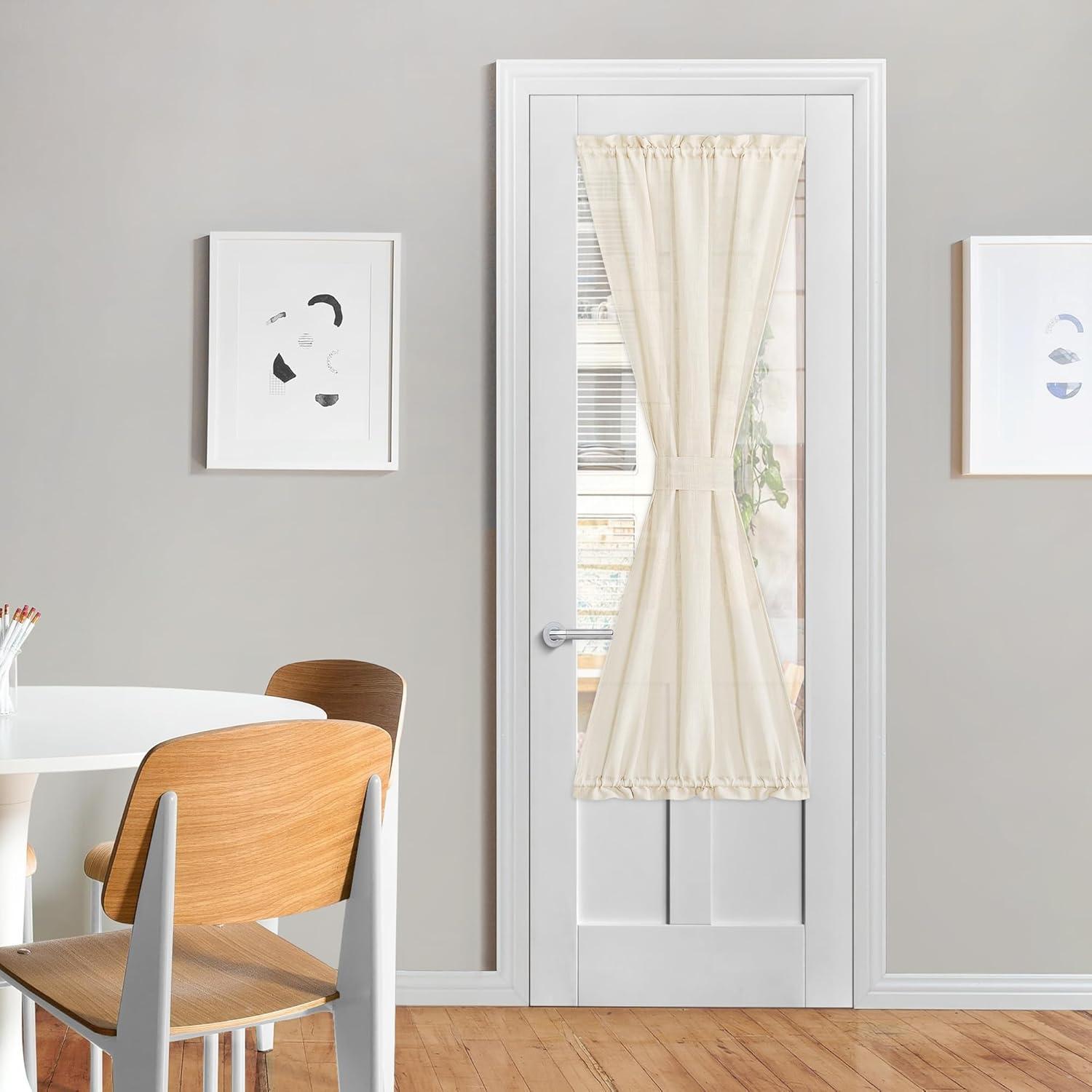 imageNICETOWN Linen Door Curtains 64 inch Length 1 Panel Farmhouse Kitchen Curtain Light Filtering Sidelight Door Covering Tie Up Shade for Living Room Narrow Window 1 Panel 26 inch Wide NaturalBeige