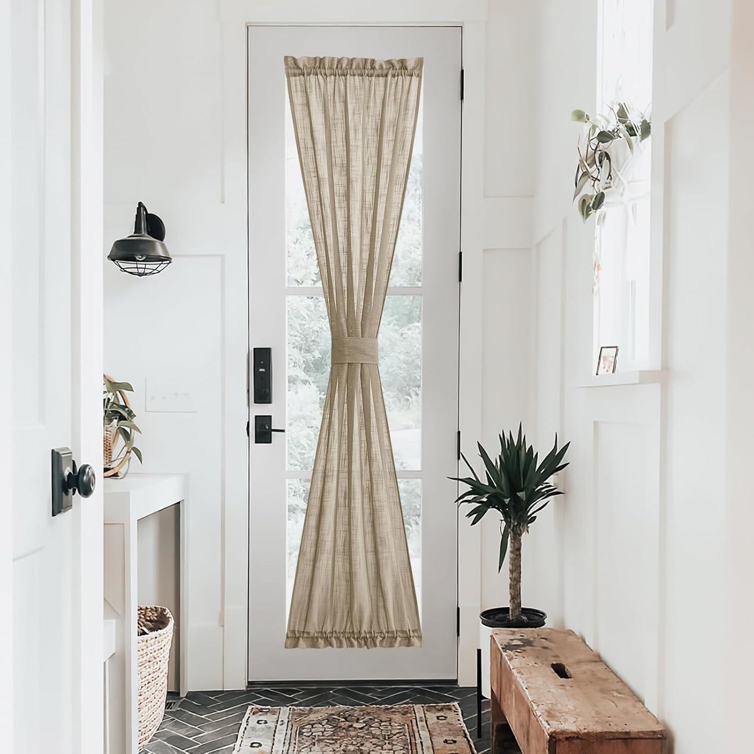 imageNICETOWN Linen Door Curtains 64 inch Length 1 Panel Farmhouse Kitchen Curtain Light Filtering Sidelight Door Covering Tie Up Shade for Living Room Narrow Window 1 Panel 26 inch Wide NaturalTaupe