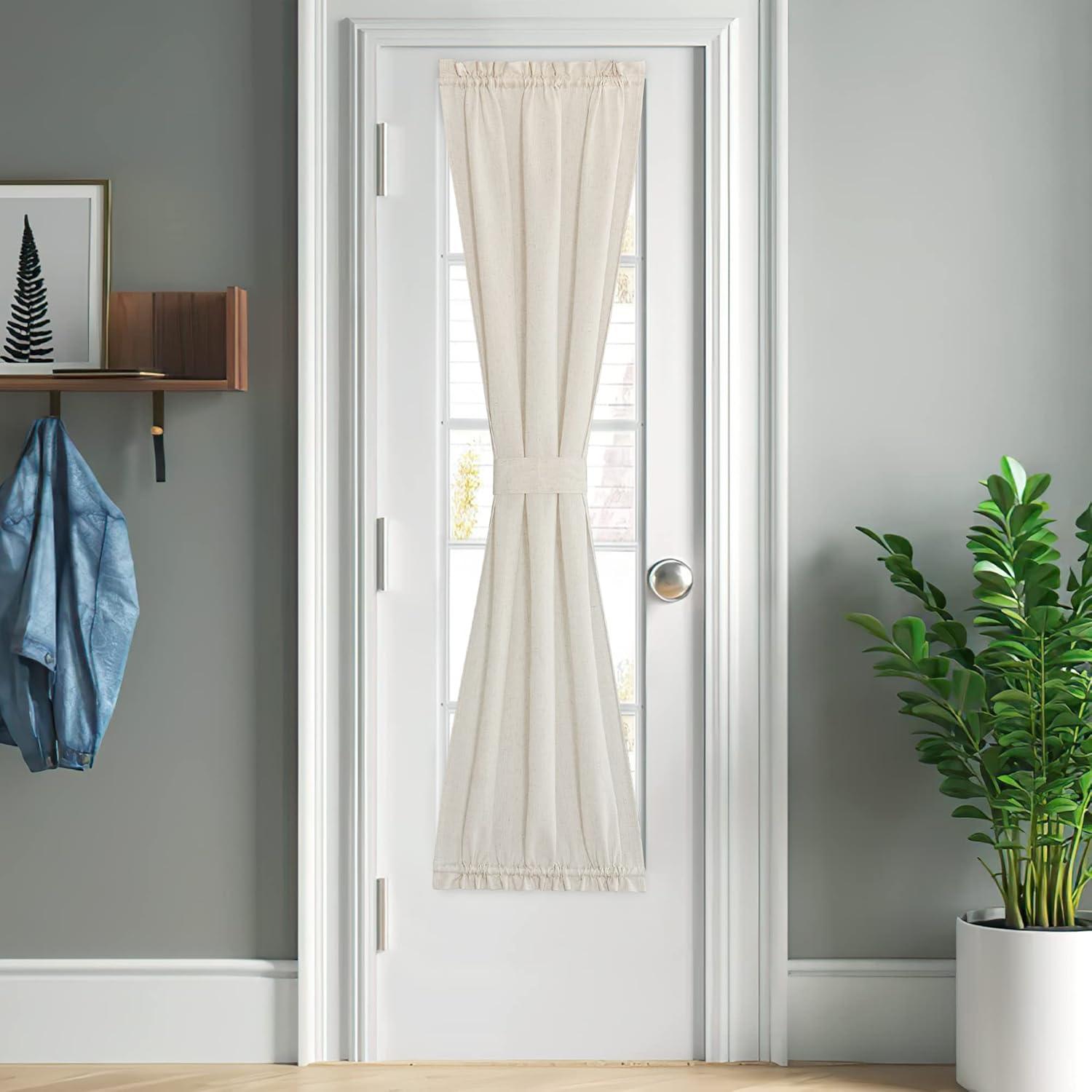 imageNICETOWN Linen Door Curtains 64 inch Length 1 Panel Farmhouse Kitchen Curtain Light Filtering Sidelight Door Covering Tie Up Shade for Living Room Narrow Window 1 Panel 26 inch Wide NaturalNatural