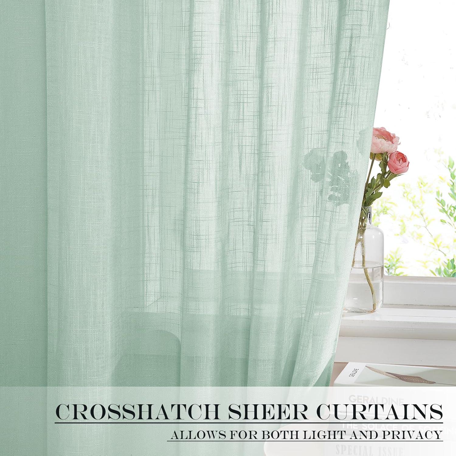 imageNICETOWN Linen Door Curtains 64 inch Length 1 Panel Farmhouse Kitchen Curtain Light Filtering Sidelight Door Covering Tie Up Shade for Living Room Narrow Window 1 Panel 26 inch Wide NaturalMint Green