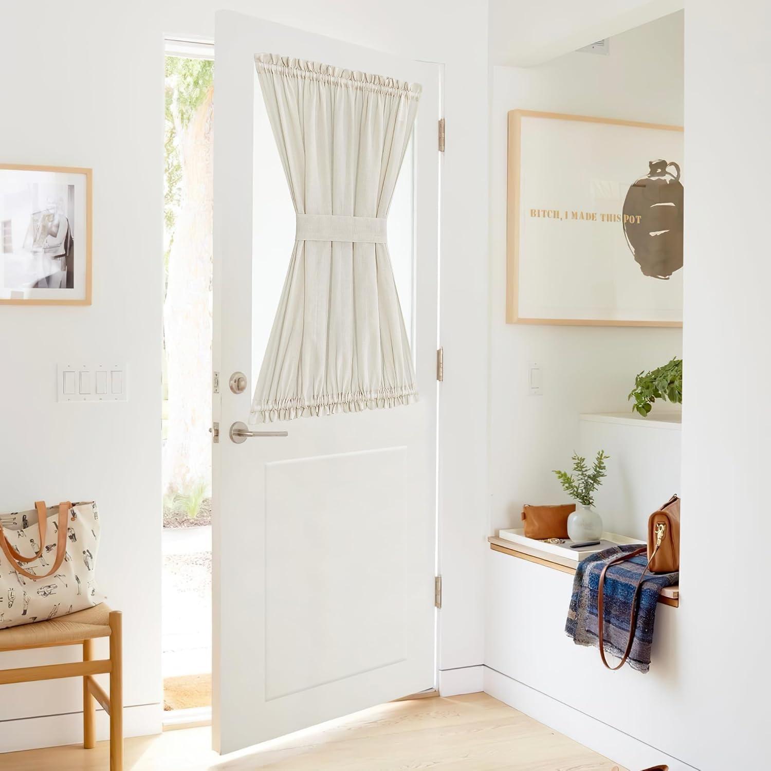 imageNICETOWN Linen Door Curtains 64 inch Length 1 Panel Farmhouse Kitchen Curtain Light Filtering Sidelight Door Covering Tie Up Shade for Living Room Narrow Window 1 Panel 26 inch Wide NaturalIvory White