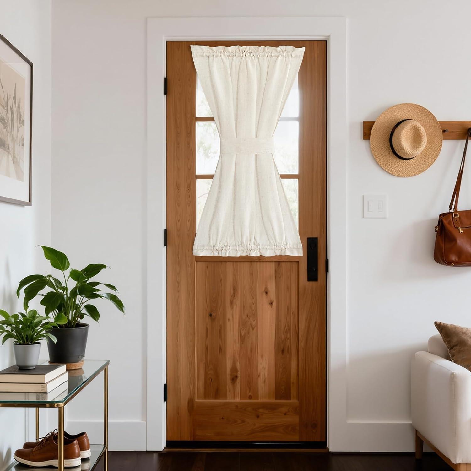 imageNICETOWN Linen Door Curtains 64 inch Length 1 Panel Farmhouse Kitchen Curtain Light Filtering Sidelight Door Covering Tie Up Shade for Living Room Narrow Window 1 Panel 26 inch Wide NaturalNatural
