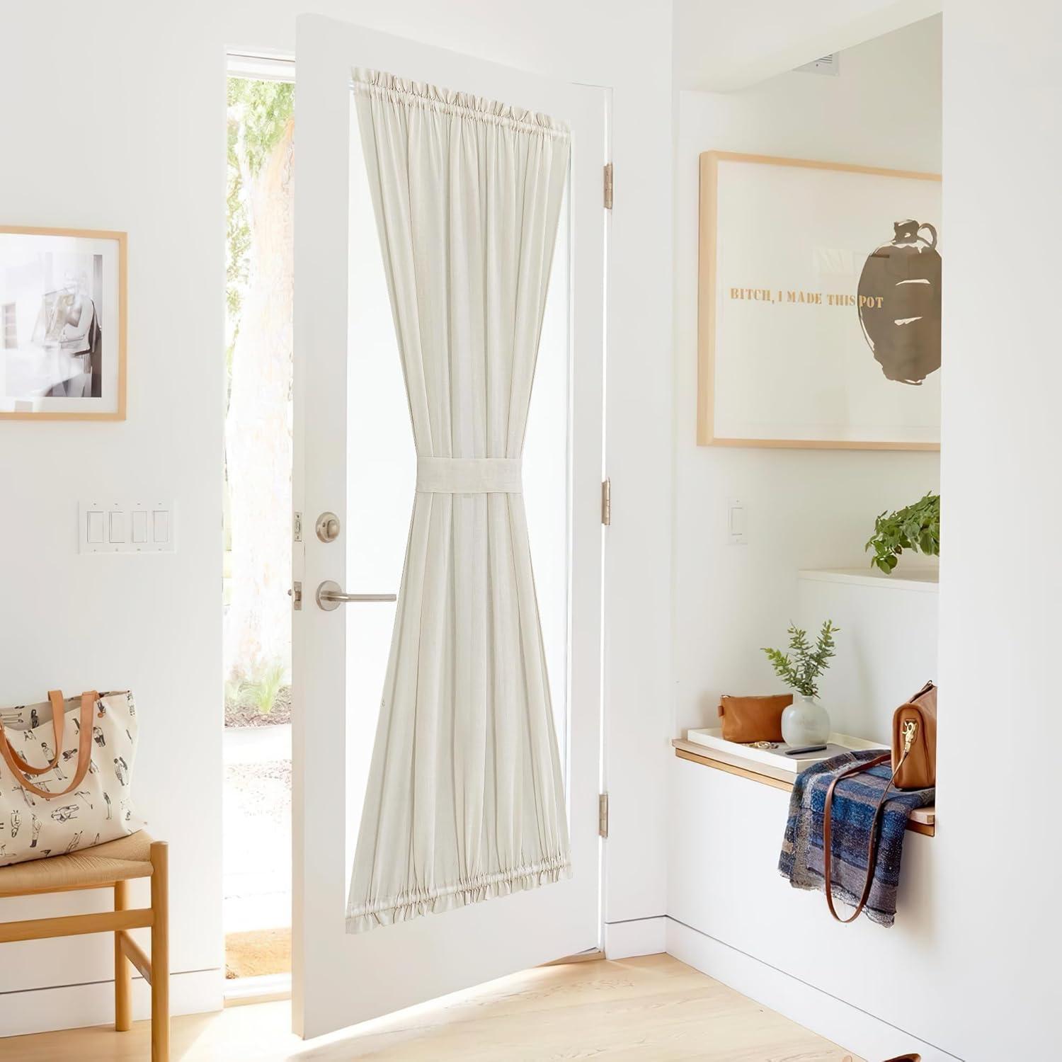 imageNICETOWN Linen Door Curtains 64 inch Length 1 Panel Farmhouse Kitchen Curtain Light Filtering Sidelight Door Covering Tie Up Shade for Living Room Narrow Window 1 Panel 26 inch Wide NaturalIvory White