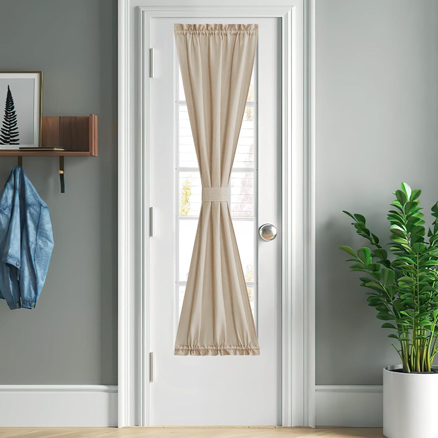 imageNICETOWN Linen Door Curtains 64 inch Length 1 Panel Farmhouse Kitchen Curtain Light Filtering Sidelight Door Covering Tie Up Shade for Living Room Narrow Window 1 Panel 26 inch Wide NaturalAngora