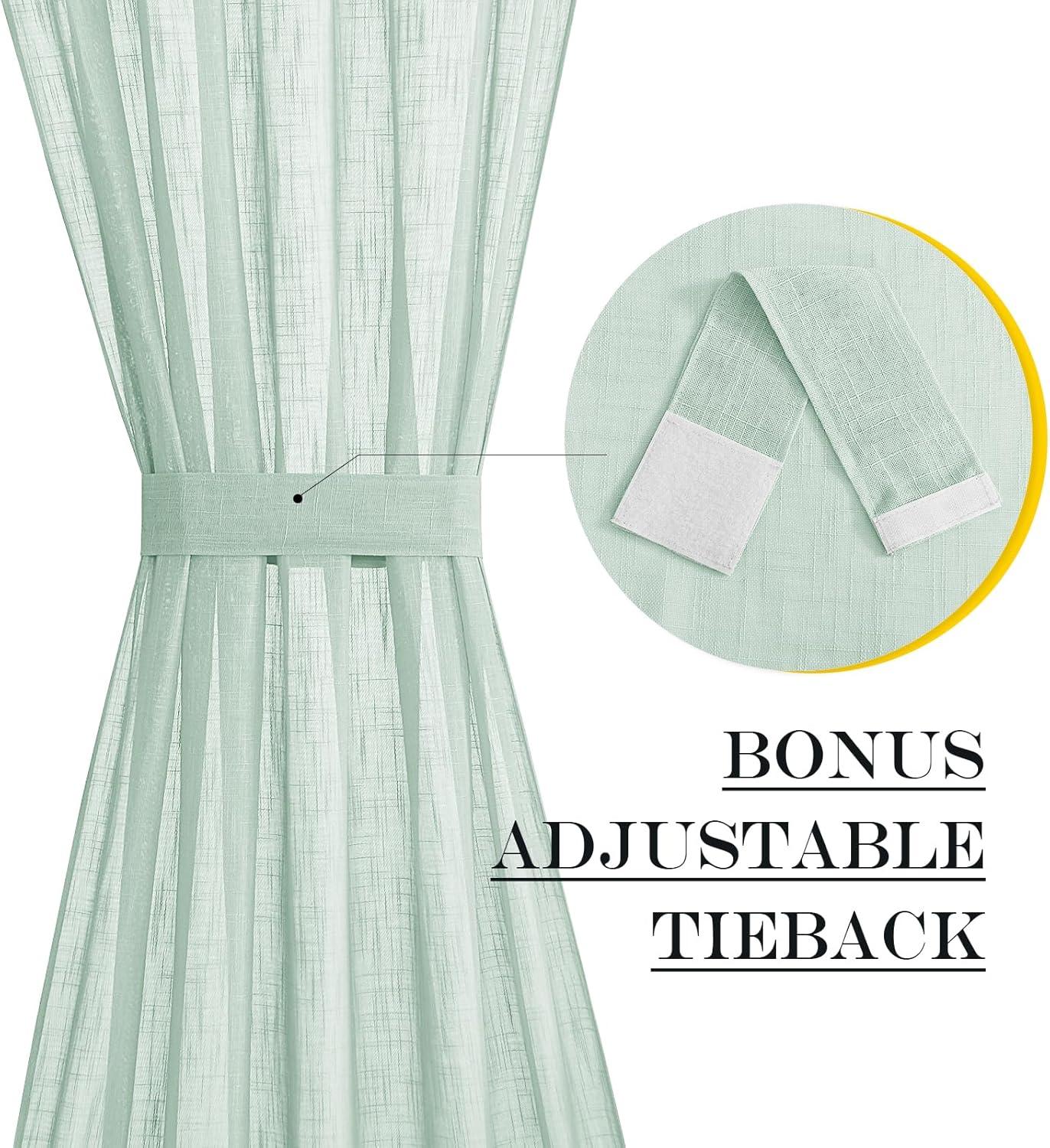 imageNICETOWN Linen Door Curtains 64 inch Length 1 Panel Farmhouse Kitchen Curtain Light Filtering Sidelight Door Covering Tie Up Shade for Living Room Narrow Window 1 Panel 26 inch Wide NaturalMint Green