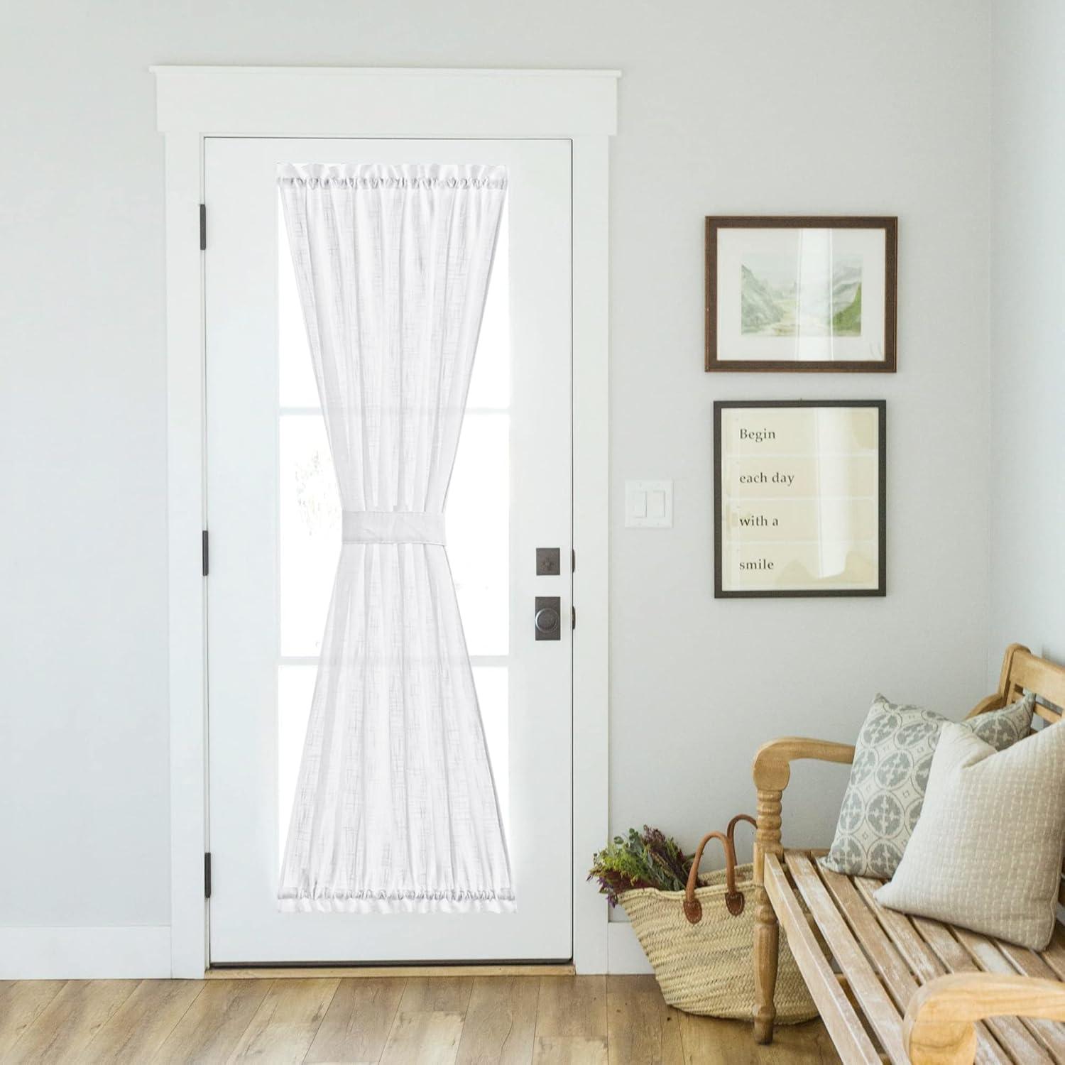 imageNICETOWN Linen Door Curtains 64 inch Length 1 Panel Farmhouse Kitchen Curtain Light Filtering Sidelight Door Covering Tie Up Shade for Living Room Narrow Window 1 Panel 26 inch Wide NaturalWhite