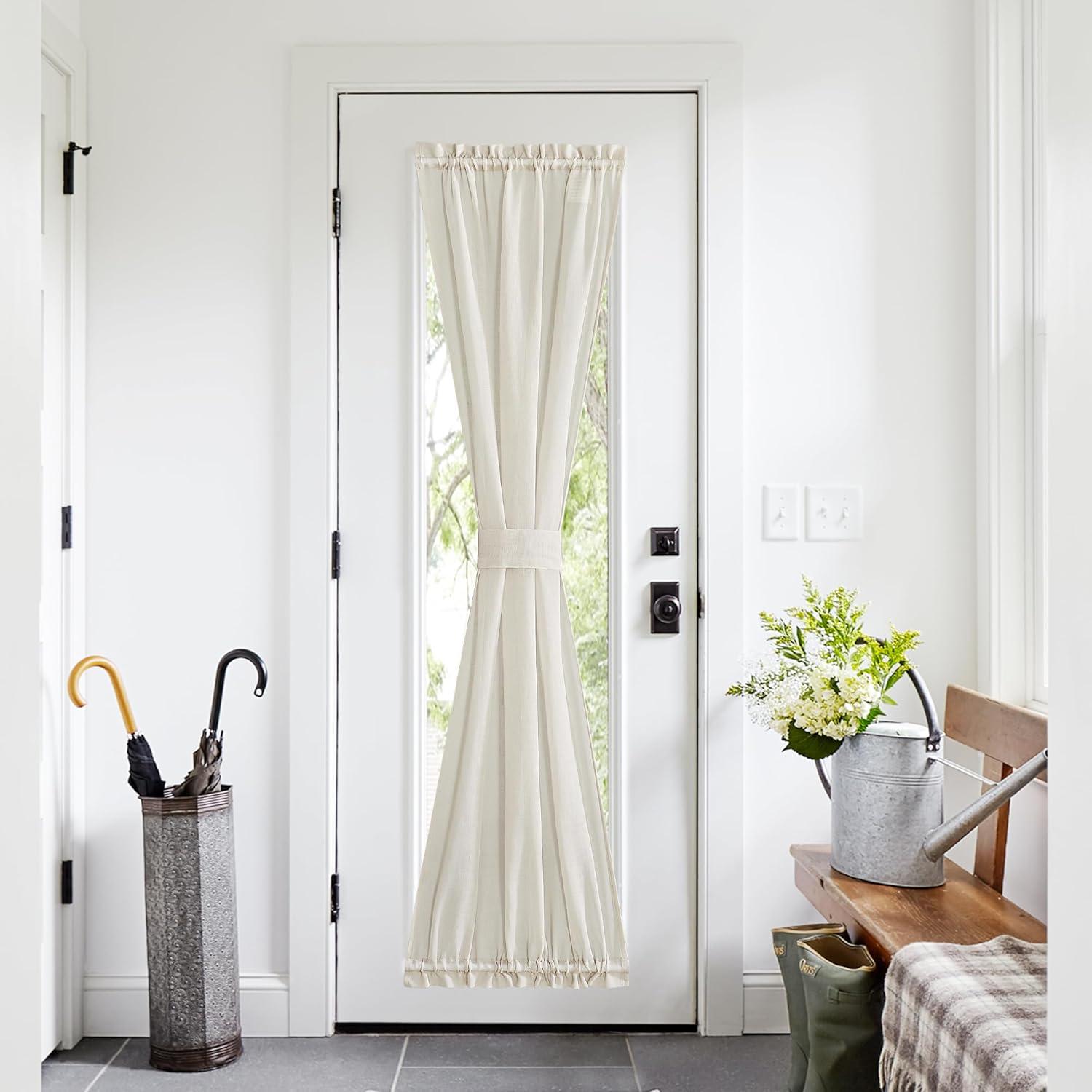 imageNICETOWN Linen Door Curtains 64 inch Length 1 Panel Farmhouse Kitchen Curtain Light Filtering Sidelight Door Covering Tie Up Shade for Living Room Narrow Window 1 Panel 26 inch Wide NaturalIvory White