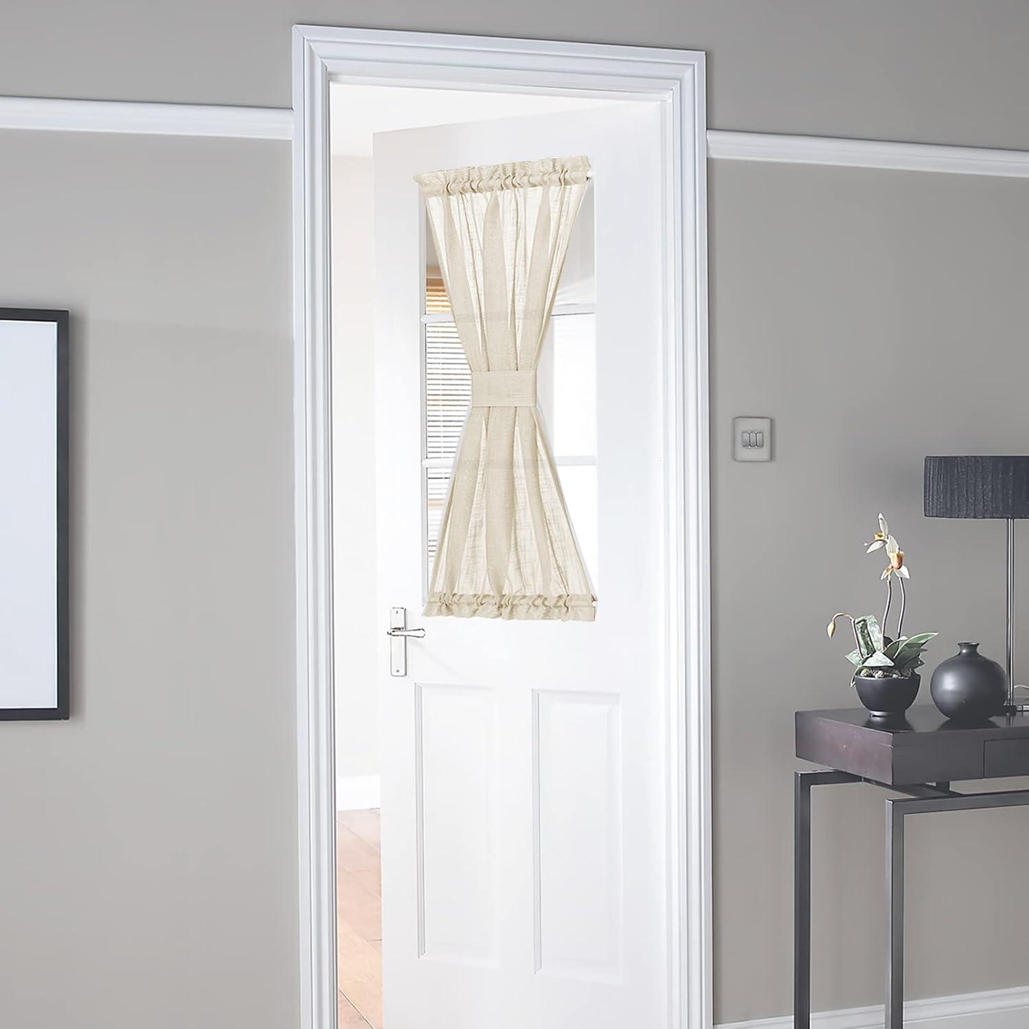 imageNICETOWN Linen Door Curtains 64 inch Length 1 Panel Farmhouse Kitchen Curtain Light Filtering Sidelight Door Covering Tie Up Shade for Living Room Narrow Window 1 Panel 26 inch Wide NaturalBeige