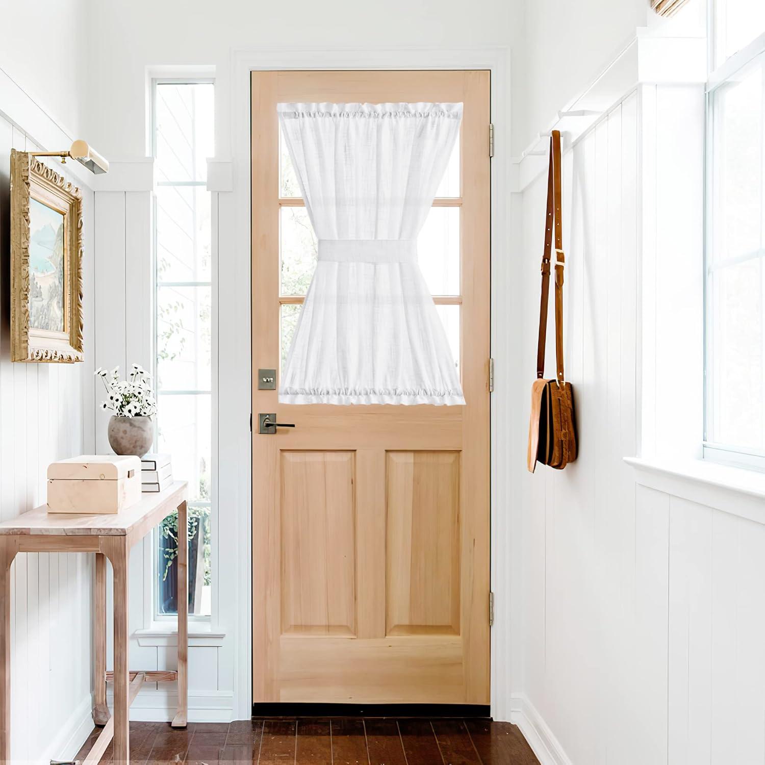 imageNICETOWN Linen Door Curtains 64 inch Length 1 Panel Farmhouse Kitchen Curtain Light Filtering Sidelight Door Covering Tie Up Shade for Living Room Narrow Window 1 Panel 26 inch Wide NaturalWhite