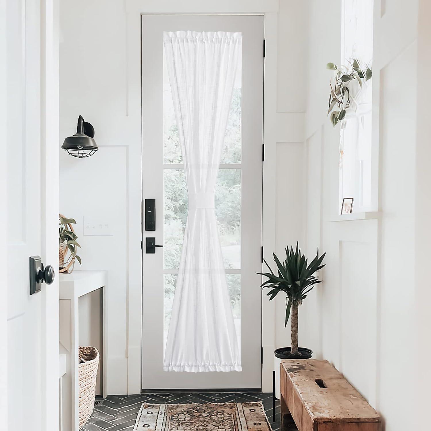 imageNICETOWN Linen Door Curtains 64 inch Length 1 Panel Farmhouse Kitchen Curtain Light Filtering Sidelight Door Covering Tie Up Shade for Living Room Narrow Window 1 Panel 26 inch Wide NaturalWhite