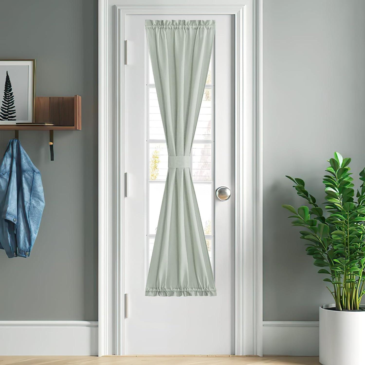 imageNICETOWN Linen Door Curtains 64 inch Length 1 Panel Farmhouse Kitchen Curtain Light Filtering Sidelight Door Covering Tie Up Shade for Living Room Narrow Window 1 Panel 26 inch Wide NaturalSage Green