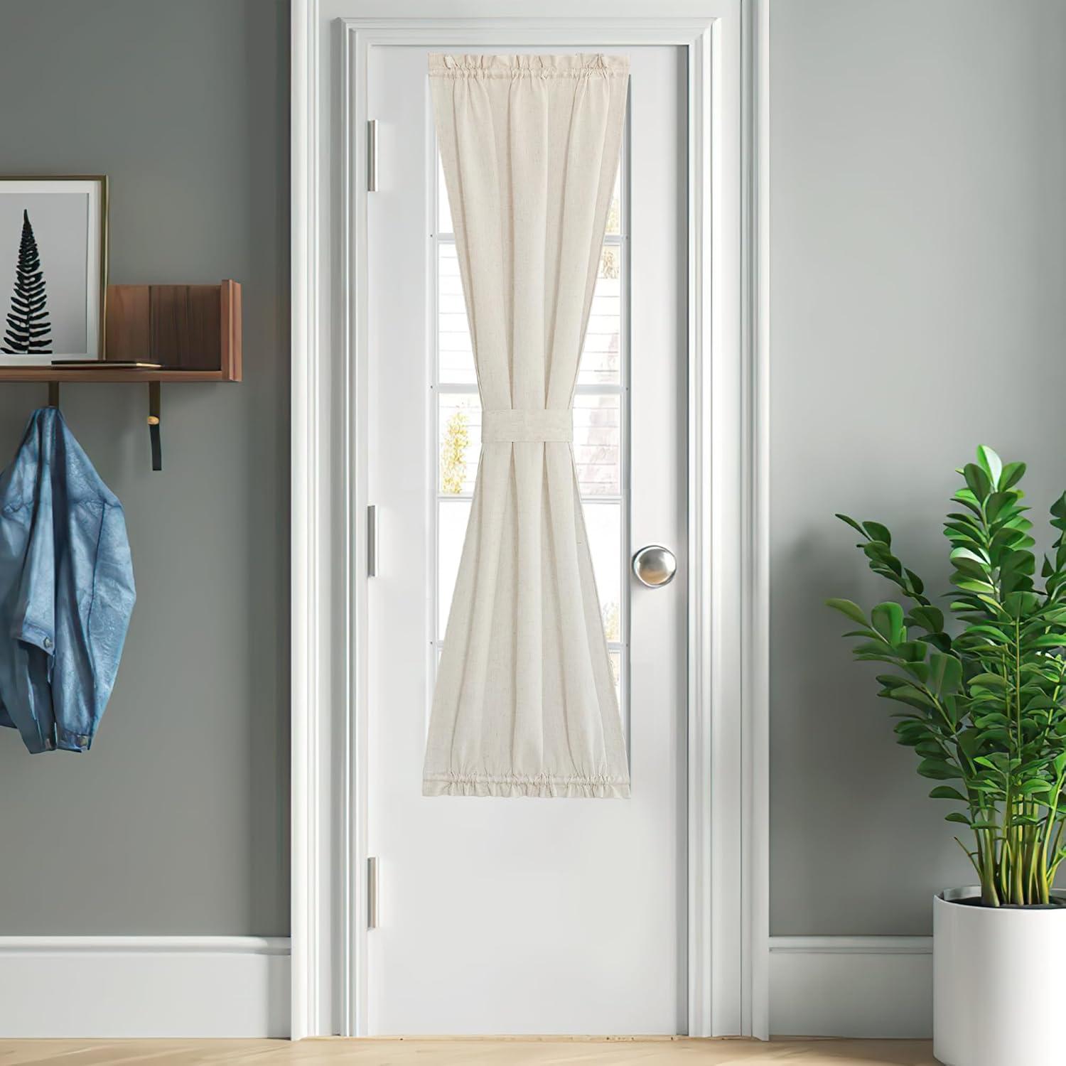 imageNICETOWN Linen Door Curtains 64 inch Length 1 Panel Farmhouse Kitchen Curtain Light Filtering Sidelight Door Covering Tie Up Shade for Living Room Narrow Window 1 Panel 26 inch Wide NaturalNatural
