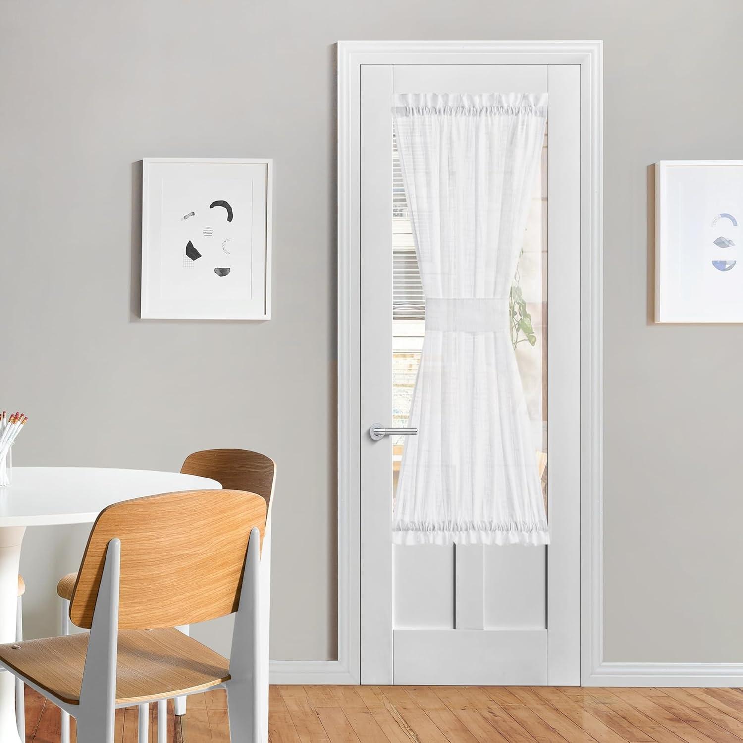imageNICETOWN Linen Door Curtains 64 inch Length 1 Panel Farmhouse Kitchen Curtain Light Filtering Sidelight Door Covering Tie Up Shade for Living Room Narrow Window 1 Panel 26 inch Wide NaturalWhite