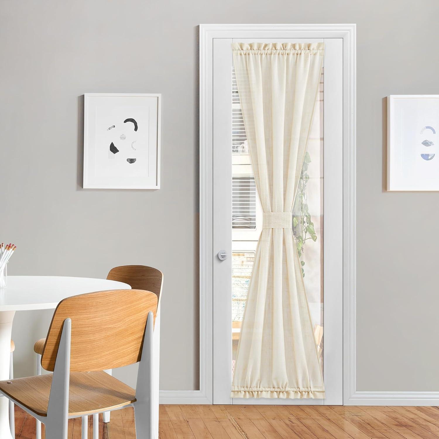 imageNICETOWN Linen Door Curtains 64 inch Length 1 Panel Farmhouse Kitchen Curtain Light Filtering Sidelight Door Covering Tie Up Shade for Living Room Narrow Window 1 Panel 26 inch Wide NaturalBeige