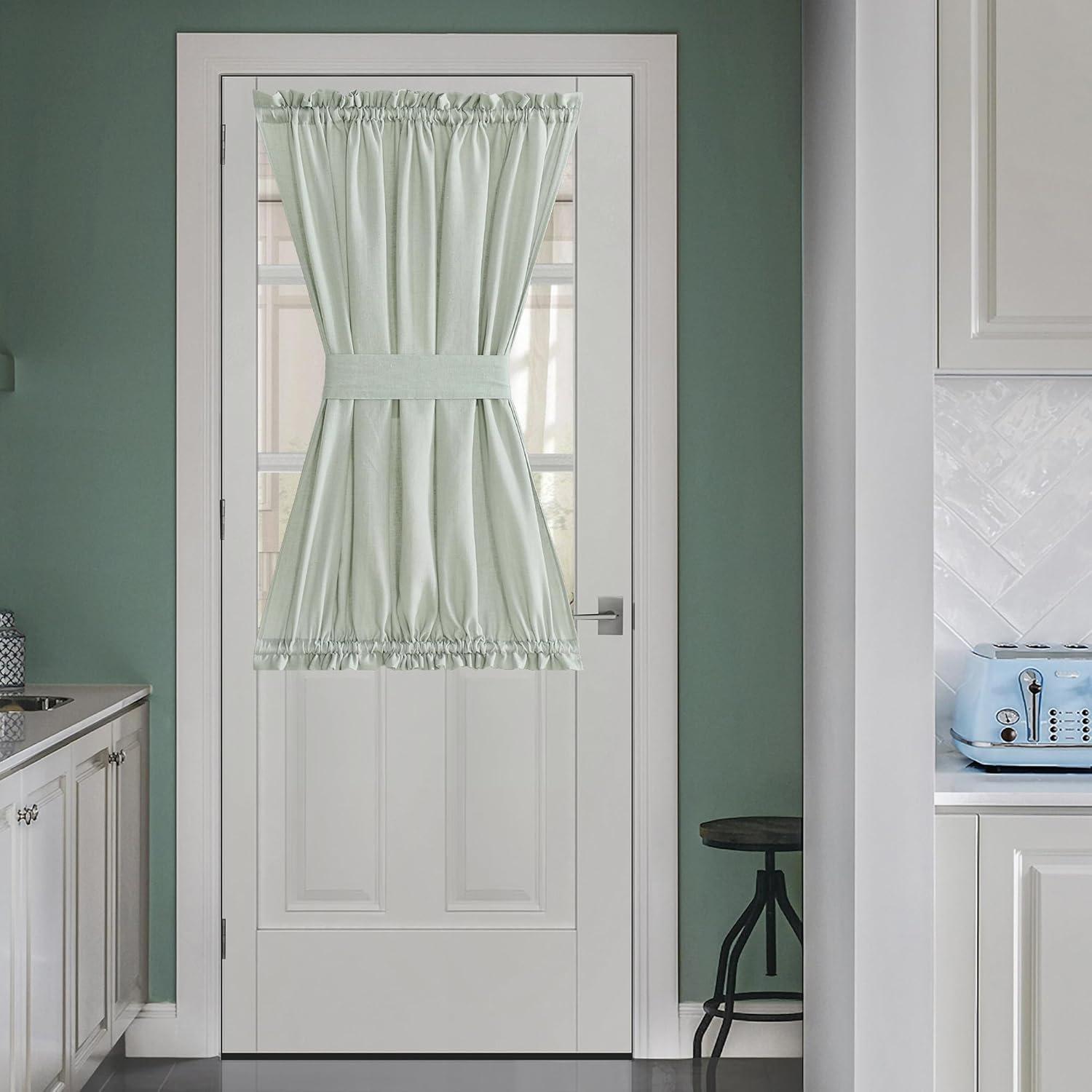 imageNICETOWN Linen Door Curtains 64 inch Length 1 Panel Farmhouse Kitchen Curtain Light Filtering Sidelight Door Covering Tie Up Shade for Living Room Narrow Window 1 Panel 26 inch Wide NaturalSage Green