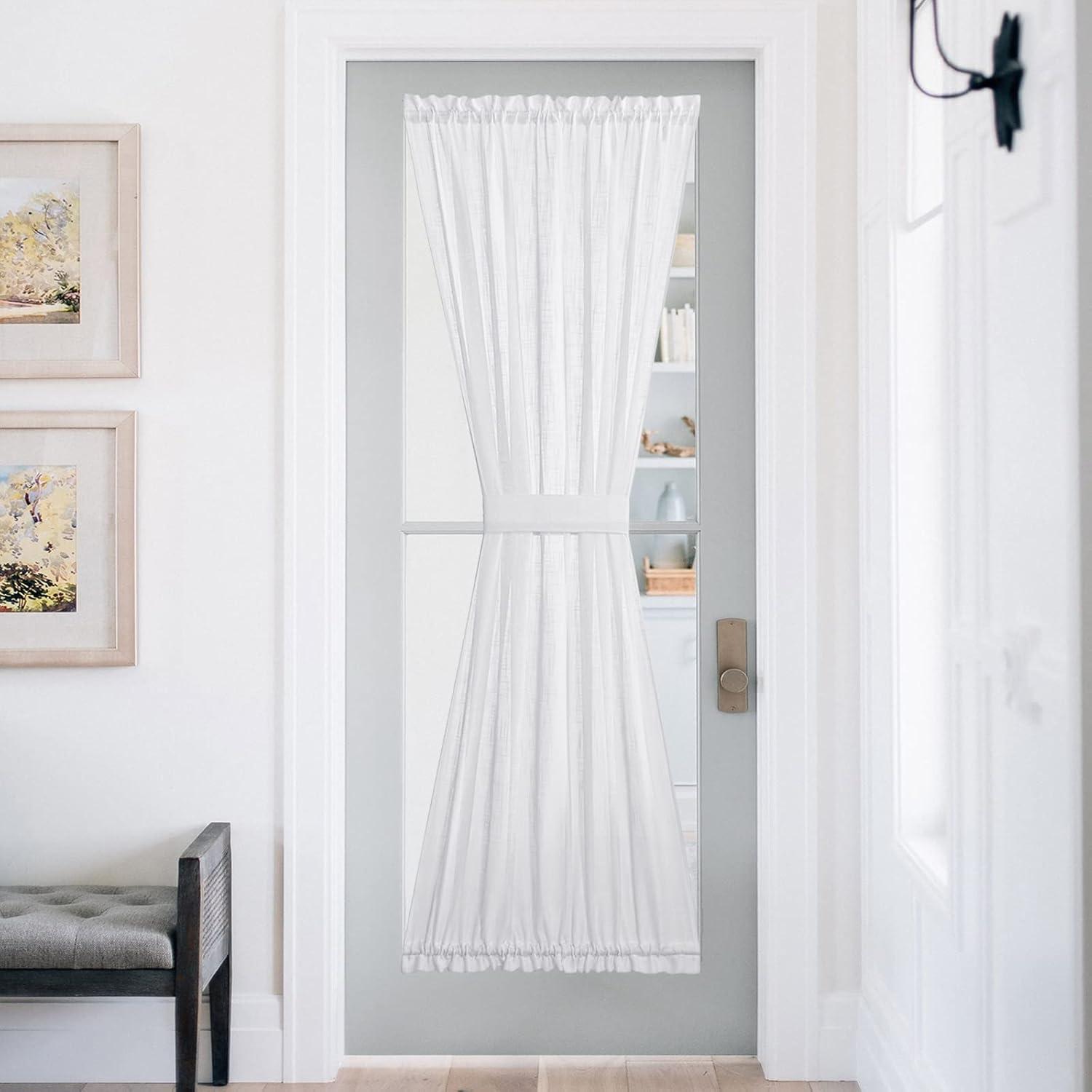 imageNICETOWN Linen Door Curtains 64 inch Length 1 Panel Farmhouse Kitchen Curtain Light Filtering Sidelight Door Covering Tie Up Shade for Living Room Narrow Window 1 Panel 26 inch Wide NaturalWhite