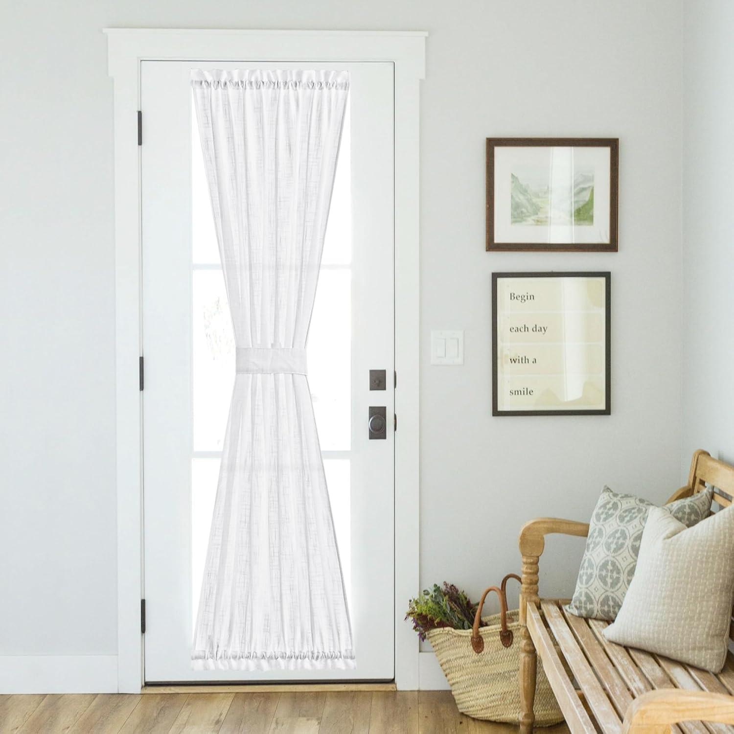 imageNICETOWN Linen Door Curtains 64 inch Length 1 Panel Farmhouse Kitchen Curtain Light Filtering Sidelight Door Covering Tie Up Shade for Living Room Narrow Window 1 Panel 26 inch Wide NaturalWhite