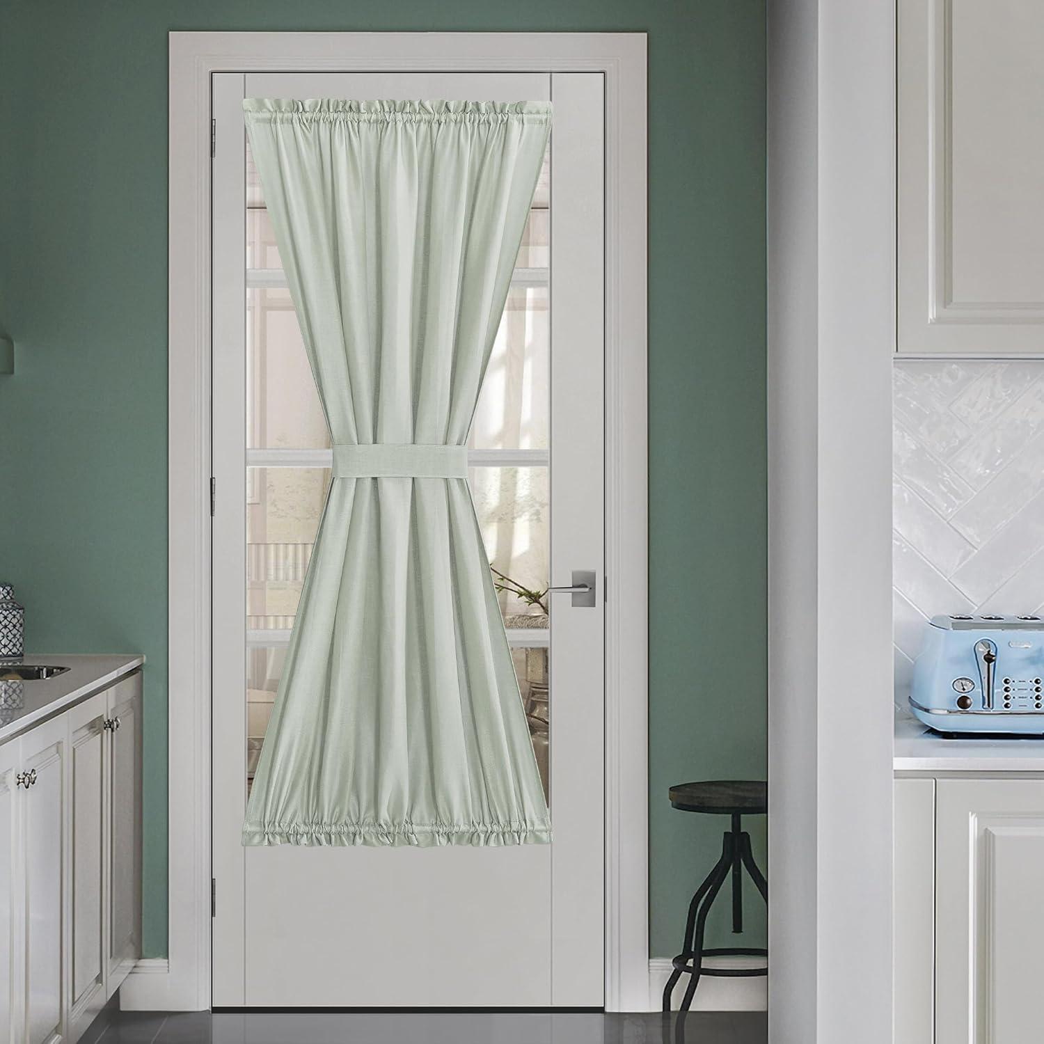 imageNICETOWN Linen Door Curtains 64 inch Length 1 Panel Farmhouse Kitchen Curtain Light Filtering Sidelight Door Covering Tie Up Shade for Living Room Narrow Window 1 Panel 26 inch Wide NaturalSage Green