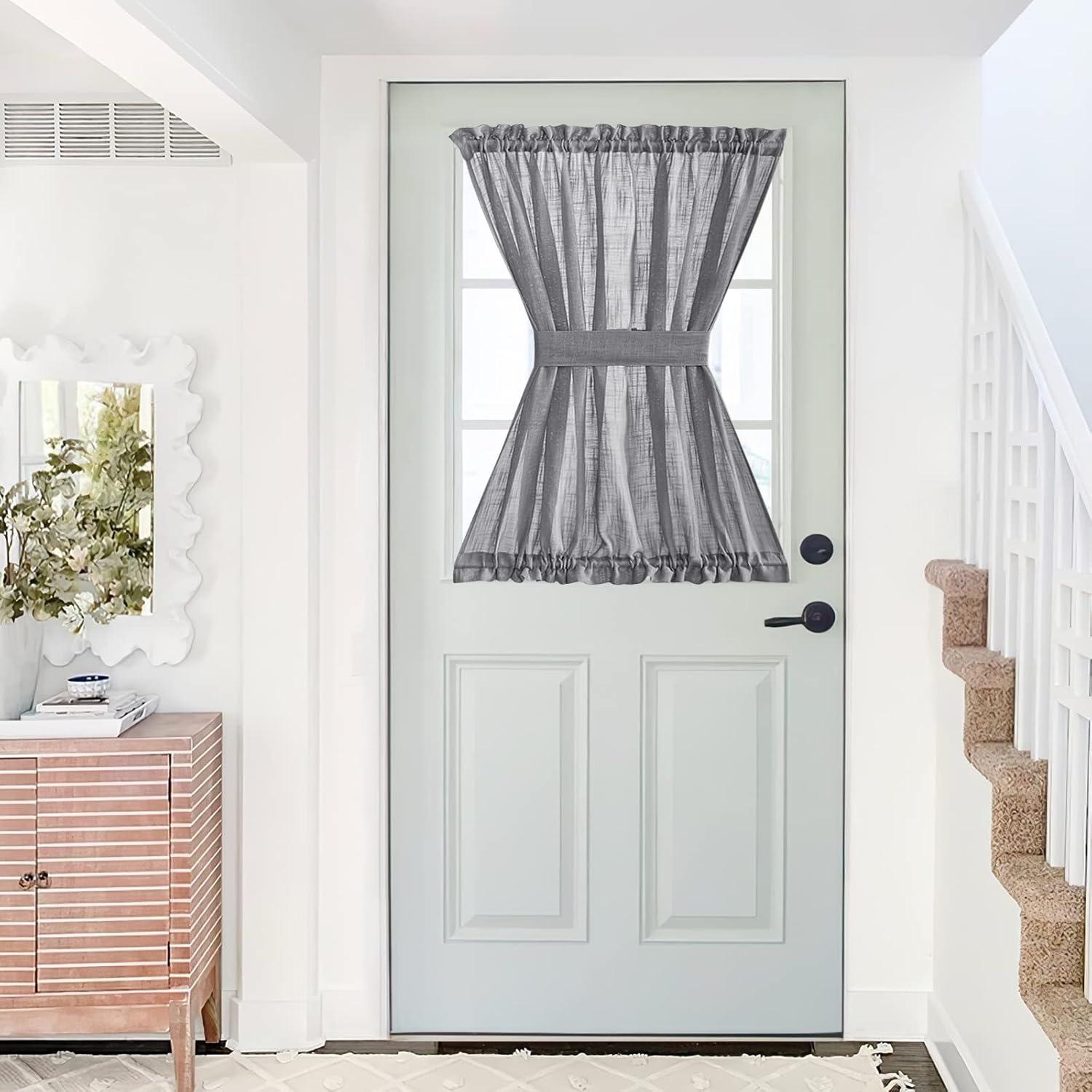 imageNICETOWN Linen Door Curtains 64 inch Length 1 Panel Farmhouse Kitchen Curtain Light Filtering Sidelight Door Covering Tie Up Shade for Living Room Narrow Window 1 Panel 26 inch Wide NaturalDark Grey