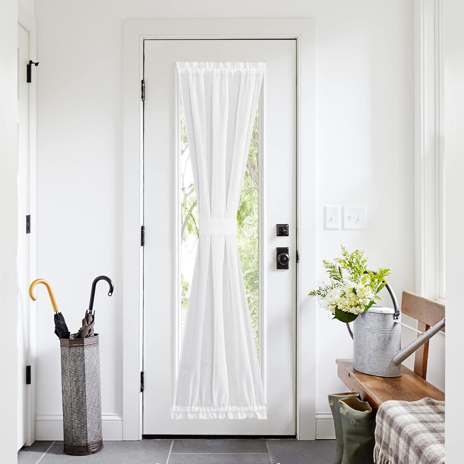 imageNICETOWN Linen Door Curtains 64 inch Length 1 Panel Farmhouse Kitchen Curtain Light Filtering Sidelight Door Covering Tie Up Shade for Living Room Narrow Window 1 Panel 26 inch Wide NaturalPure White