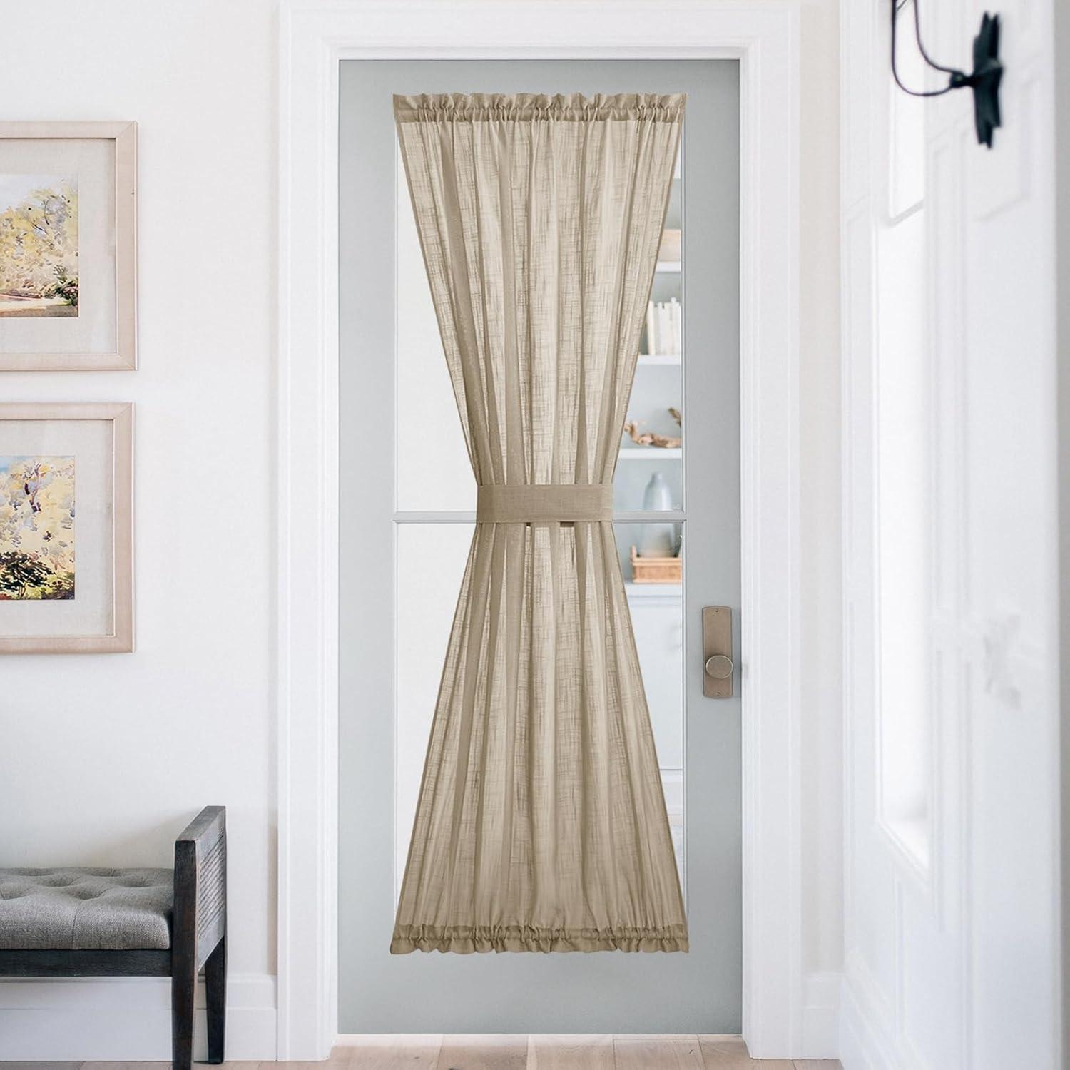 imageNICETOWN Linen Door Curtains 64 inch Length 1 Panel Farmhouse Kitchen Curtain Light Filtering Sidelight Door Covering Tie Up Shade for Living Room Narrow Window 1 Panel 26 inch Wide NaturalTaupe