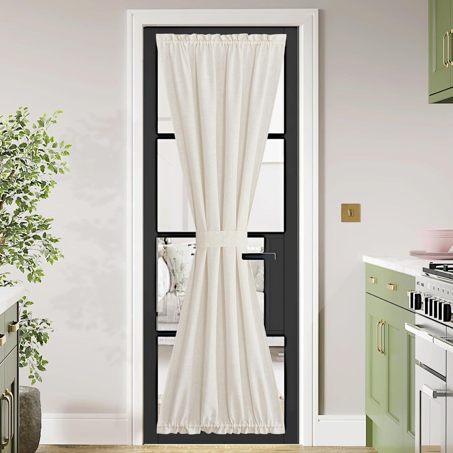 imageNICETOWN Linen Door Curtains 64 inch Length 1 Panel Farmhouse Kitchen Curtain Light Filtering Sidelight Door Covering Tie Up Shade for Living Room Narrow Window 1 Panel 26 inch Wide NaturalLinen