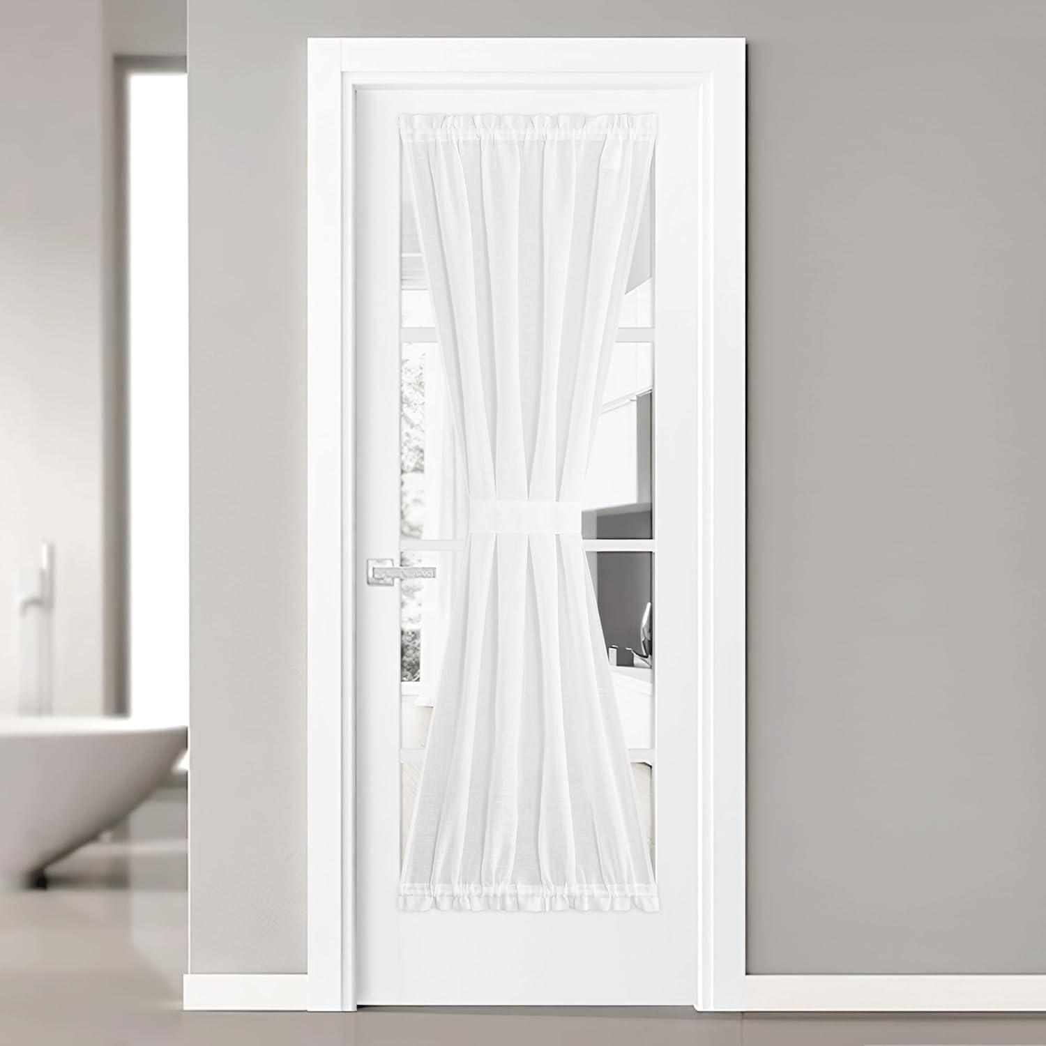 imageNICETOWN Linen Door Curtains 64 inch Length 1 Panel Farmhouse Kitchen Curtain Light Filtering Sidelight Door Covering Tie Up Shade for Living Room Narrow Window 1 Panel 26 inch Wide NaturalPure White