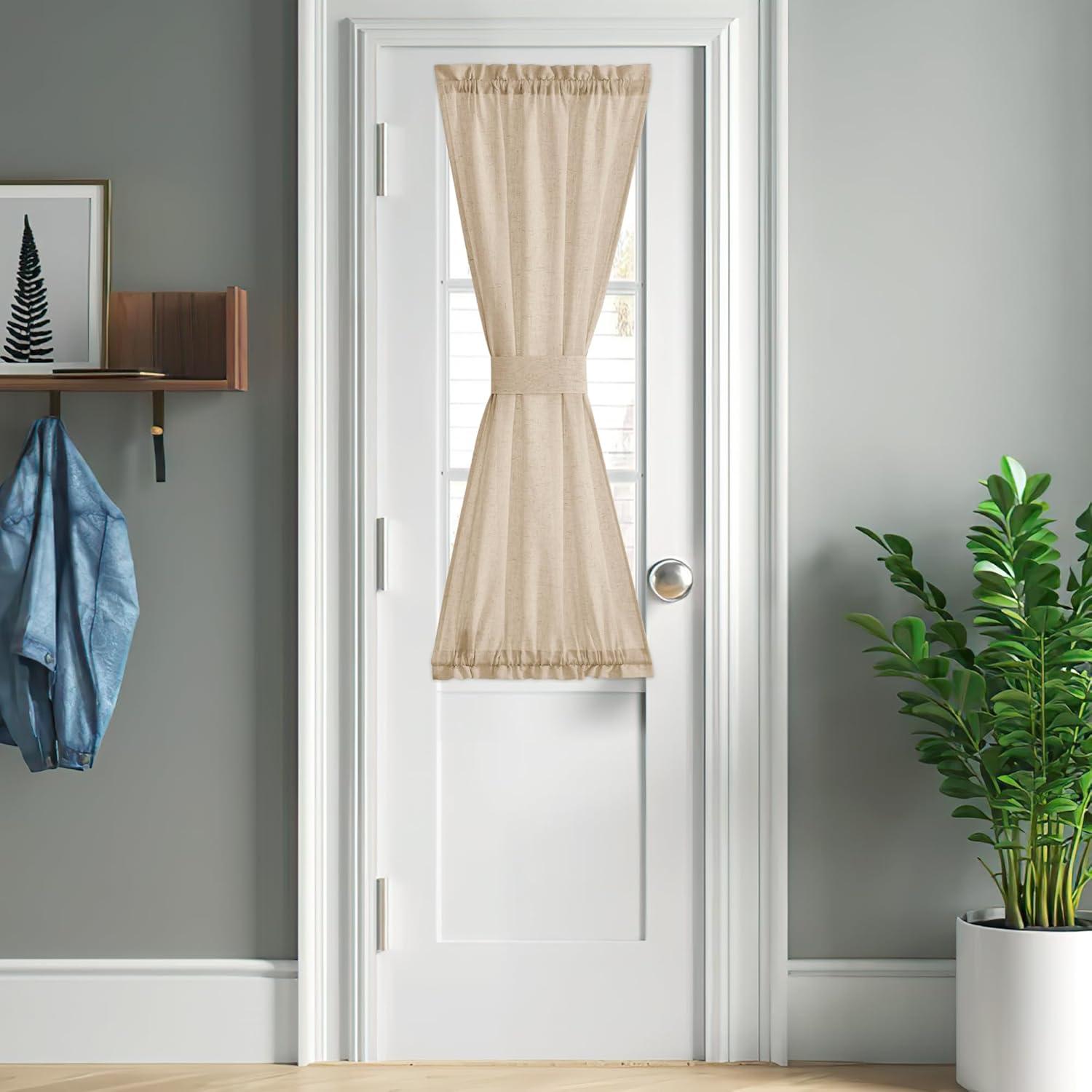 imageNICETOWN Linen Door Curtains 64 inch Length 1 Panel Farmhouse Kitchen Curtain Light Filtering Sidelight Door Covering Tie Up Shade for Living Room Narrow Window 1 Panel 26 inch Wide NaturalAngora