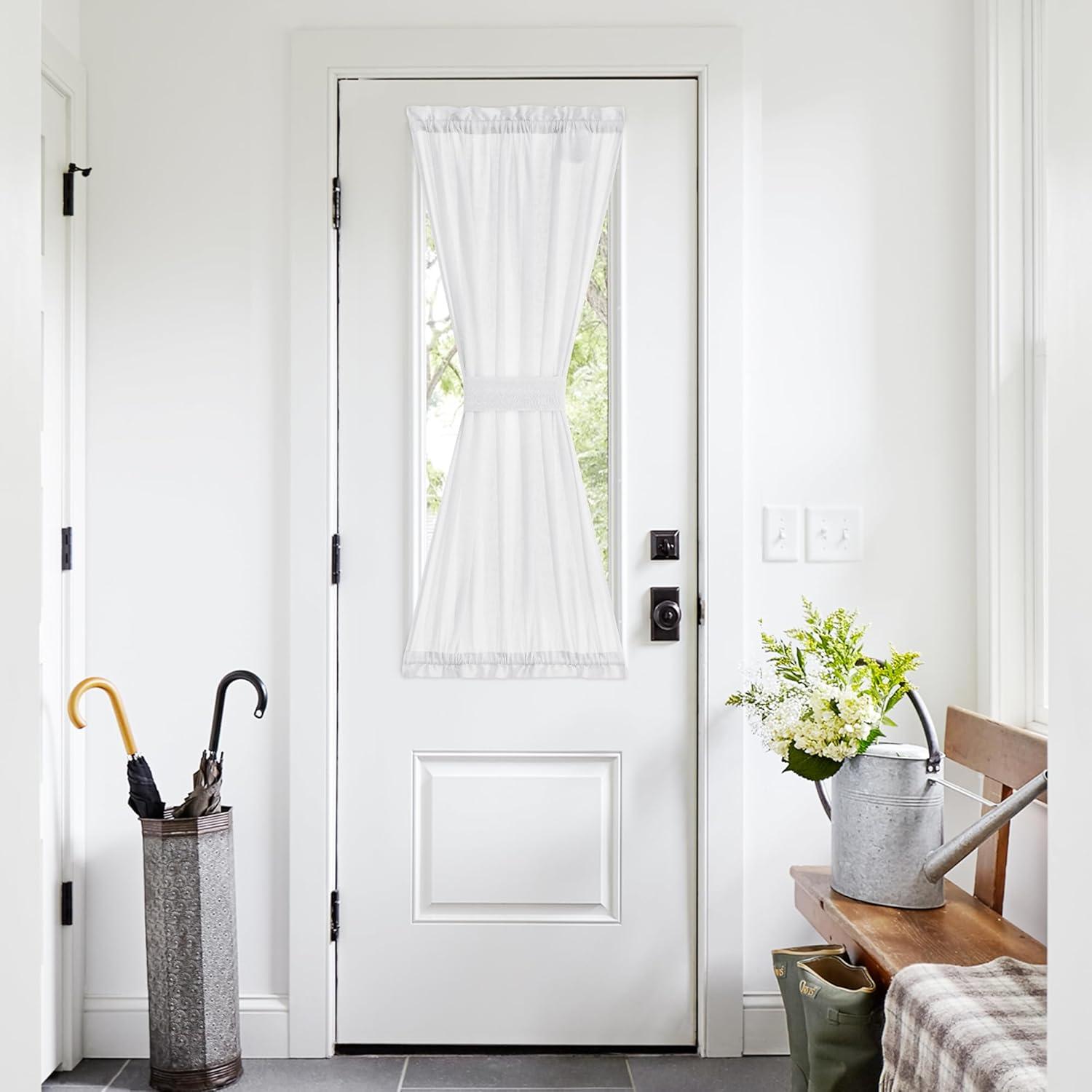 imageNICETOWN Linen Door Curtains 64 inch Length 1 Panel Farmhouse Kitchen Curtain Light Filtering Sidelight Door Covering Tie Up Shade for Living Room Narrow Window 1 Panel 26 inch Wide NaturalPure White