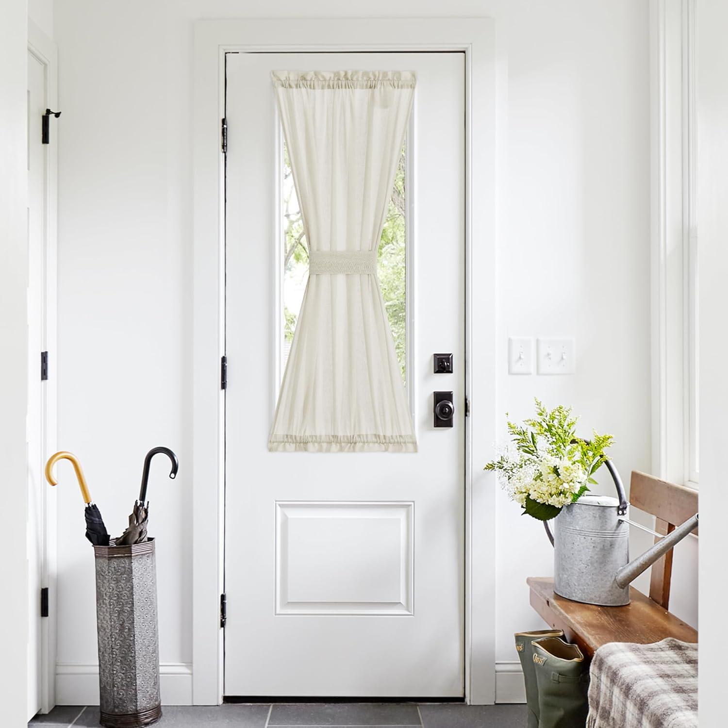 imageNICETOWN Linen Door Curtains 64 inch Length 1 Panel Farmhouse Kitchen Curtain Light Filtering Sidelight Door Covering Tie Up Shade for Living Room Narrow Window 1 Panel 26 inch Wide NaturalIvory White