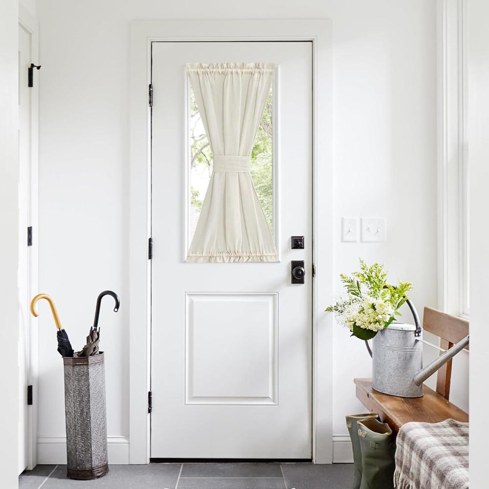 imageNICETOWN Linen Door Curtains 64 inch Length 1 Panel Farmhouse Kitchen Curtain Light Filtering Sidelight Door Covering Tie Up Shade for Living Room Narrow Window 1 Panel 26 inch Wide NaturalIvory White