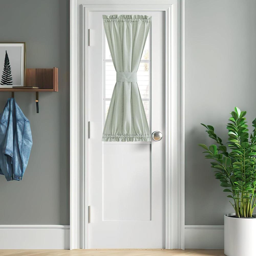 imageNICETOWN Linen Door Curtains 64 inch Length 1 Panel Farmhouse Kitchen Curtain Light Filtering Sidelight Door Covering Tie Up Shade for Living Room Narrow Window 1 Panel 26 inch Wide NaturalSage Green