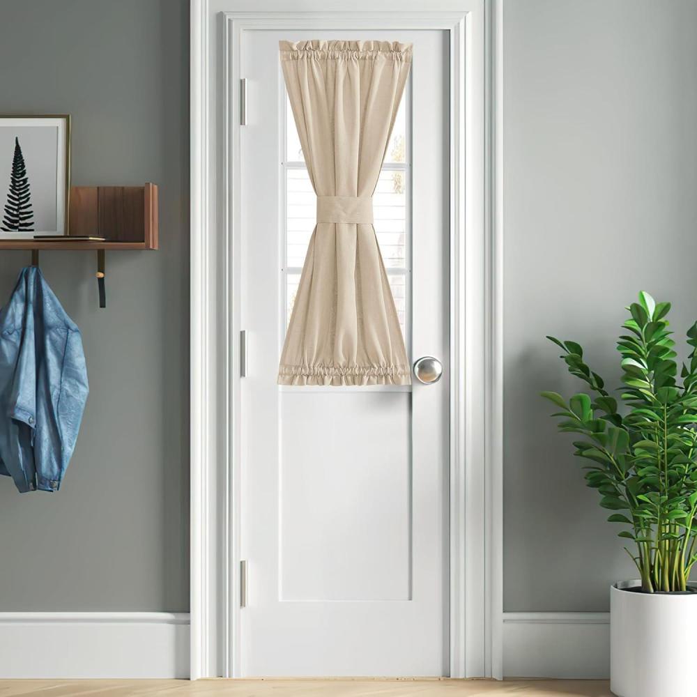 imageNICETOWN Linen Door Curtains 64 inch Length 1 Panel Farmhouse Kitchen Curtain Light Filtering Sidelight Door Covering Tie Up Shade for Living Room Narrow Window 1 Panel 26 inch Wide NaturalAngora