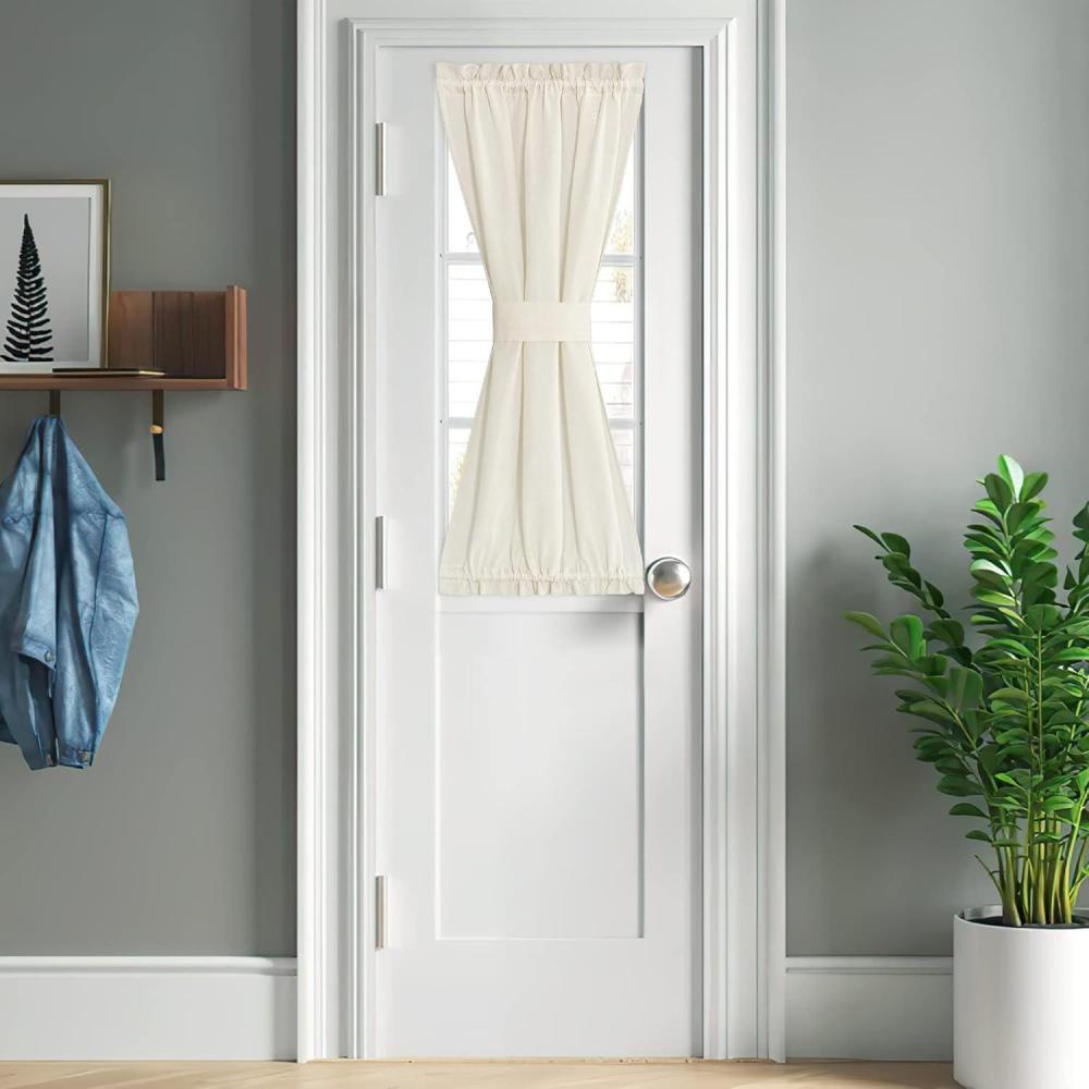 imageNICETOWN Linen Door Curtains 64 inch Length 1 Panel Farmhouse Kitchen Curtain Light Filtering Sidelight Door Covering Tie Up Shade for Living Room Narrow Window 1 Panel 26 inch Wide NaturalOff White
