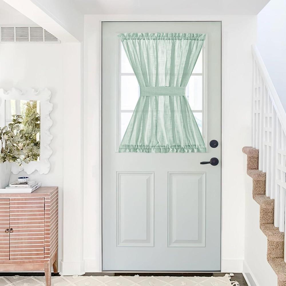 imageNICETOWN Linen Door Curtains 64 inch Length 1 Panel Farmhouse Kitchen Curtain Light Filtering Sidelight Door Covering Tie Up Shade for Living Room Narrow Window 1 Panel 26 inch Wide NaturalMint Green