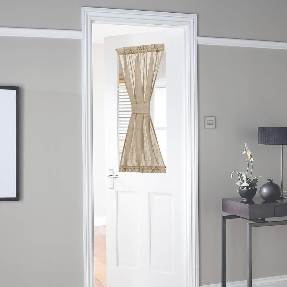 imageNICETOWN Linen Door Curtains 64 inch Length 1 Panel Farmhouse Kitchen Curtain Light Filtering Sidelight Door Covering Tie Up Shade for Living Room Narrow Window 1 Panel 26 inch Wide NaturalTaupe