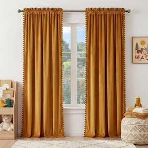 image:imageNICETOWN 96 inch Long Brown Velvet Curtains Extra Wide W62 x L96 Luxury Soft Thermal Insulated Room Darkening Heavy Duty Velvet Drapes for Sliding Glass Door 2 Panels3  Pom Pom  Mustard Gold