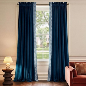 image:imageNICETOWN 96 inch Long Brown Velvet Curtains Extra Wide W62 x L96 Luxury Soft Thermal Insulated Room Darkening Heavy Duty Velvet Drapes for Sliding Glass Door 2 Panels1  Embroidered Trim  Navy Blue