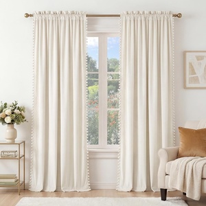 image:imageNICETOWN 96 inch Long Brown Velvet Curtains Extra Wide W62 x L96 Luxury Soft Thermal Insulated Room Darkening Heavy Duty Velvet Drapes for Sliding Glass Door 2 Panels3  Pom Pom  Ivory White