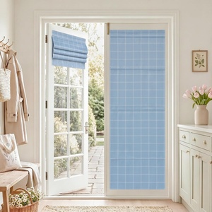 image:imageNICETOWN 100 Blackout Taupe Plaid Magnetic Roman Shade W24 x L64 1 Panel  No Drill Cordless Roman Shade with Tieback for French Doors Privacy amp Thermal Shade for Living Room Patio GlassGrid Pattern  Sea Blue  White